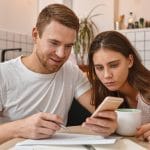 portrait-of-curious-focused-young-woman-sitting-at-kitchen-table-and-reading-positive-news-on-phone-in-husband-s-hands-attractive-man-filling-in-financial-papers-using-online-banking-app-via-mobile